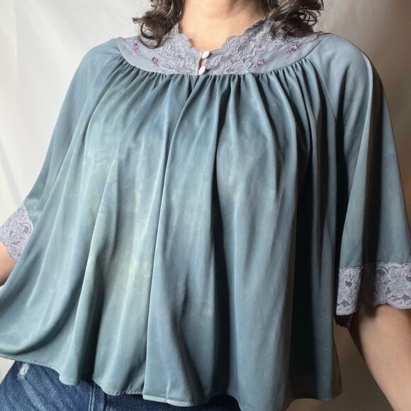 Vintage 60s lace trimmed bed jacket tie dye dyed teal blue cropped layering M - Picture 1 of 17